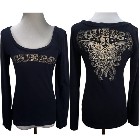 Vintage GUESS 1981 Beaded Gold Logo & Heart Print Black Knit Top Size M T-Shirt - Picture 1 of 11